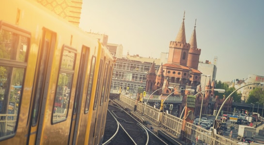 Berlin-Kreuzberg, U-Bahn train on Oberbaum Bridge in Berlin