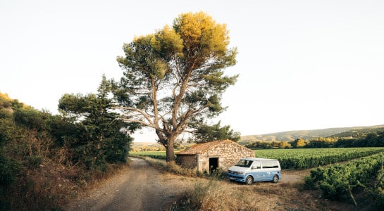 blue camper van at a camping spot on a farm