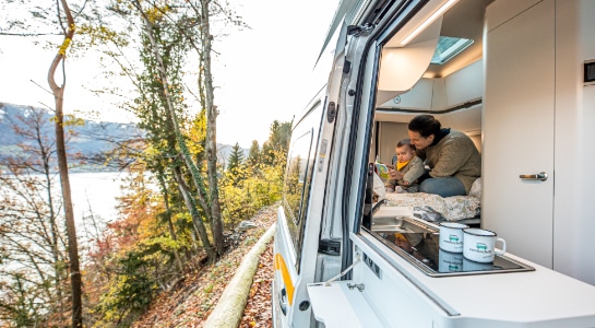 Family camping in the nature in the Netherlands with a large motorhome