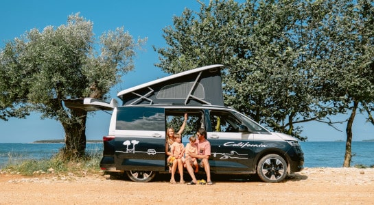 Family sits in the doorway of a campervan parked by the sea, enjoying sunny weather and a scenic view surrounded by trees